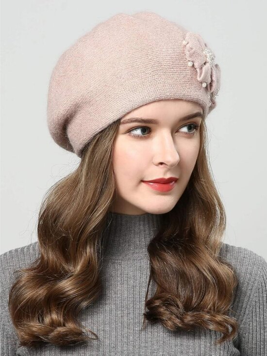 Women\'s Winter Knit Beret Hat Rabbit Hair French Warm Casual Beanie Hat Apricot